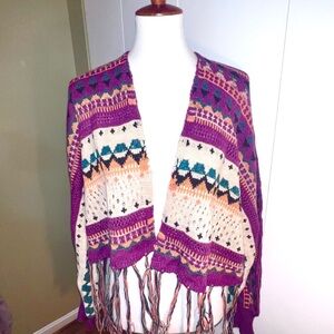 Purple Patterned Fringe Open-Front Women's Sweater